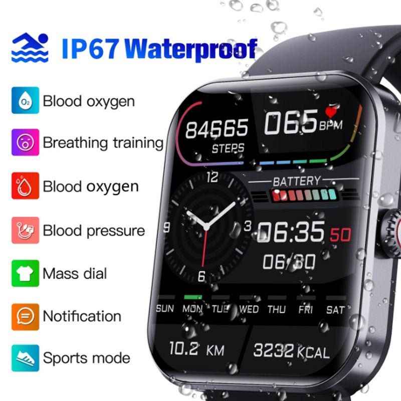 GlucoWatch smartwatch display showing real-time blood sugar levels, a vital digital health monitoring feature.