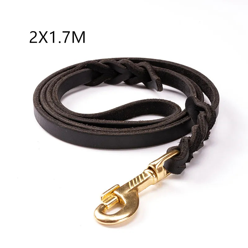 Pet accessory: a classic black leather dog leash with golden hardware, built for strength and style.