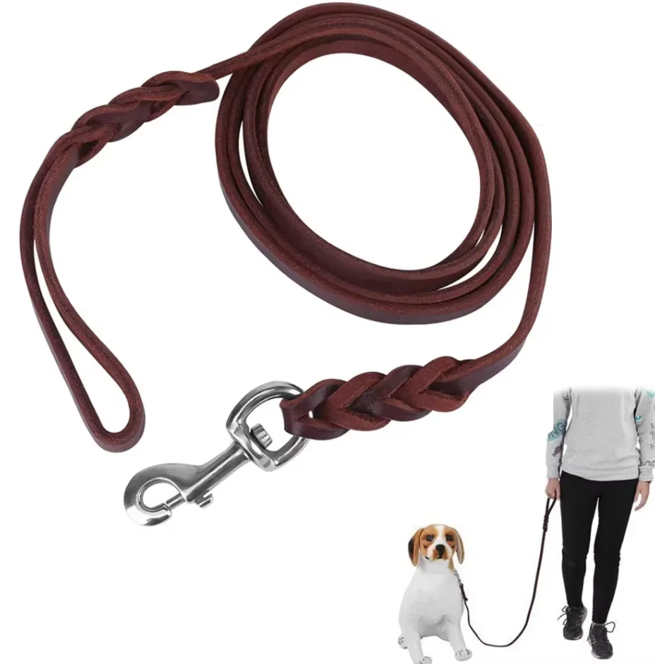 Comfortable grip brown leather dog leash with a secure golden carabiner for enjoyable walks.
