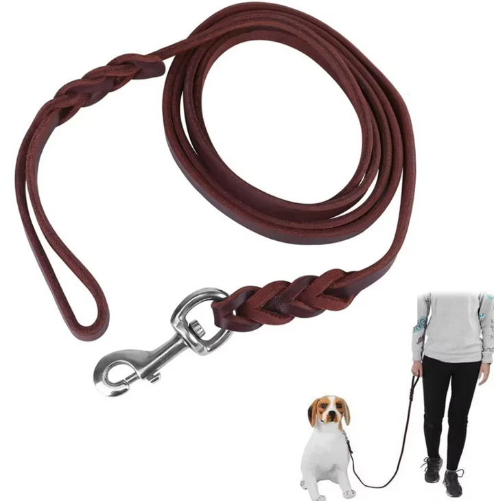 Comfortable grip brown leather dog leash with a secure golden carabiner for enjoyable walks.