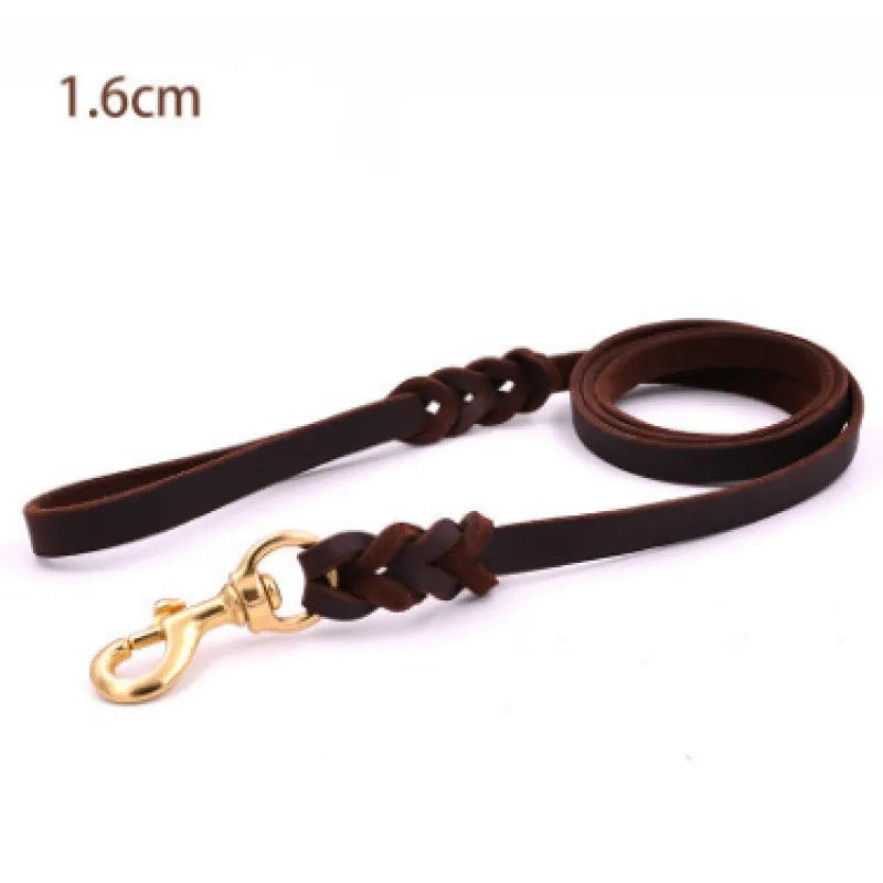 Soft yet strong leather dog leash in brown, featuring a gleaming golden clip for secure attachment.