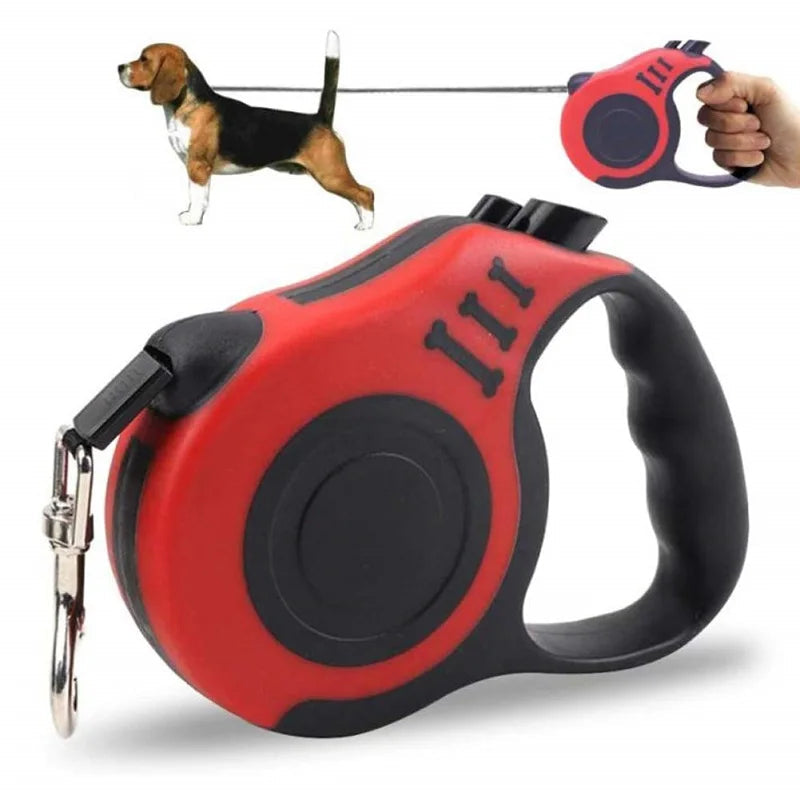 Red retractable dog leash made of durable nylon, perfect for daily dog walks.