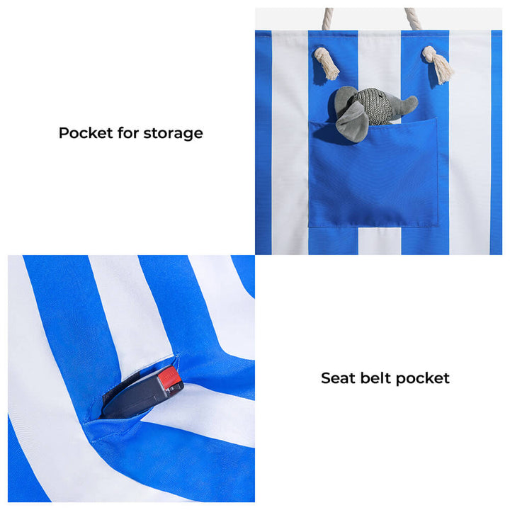 Pet picnic blanket laid out with pet supplies, featuring the water-resistant material