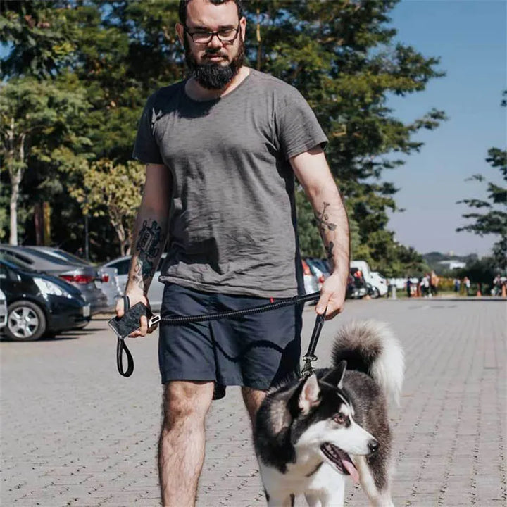 Unisex black shock absorbing elastic dog leash, comfortably stretching for dog walking and training