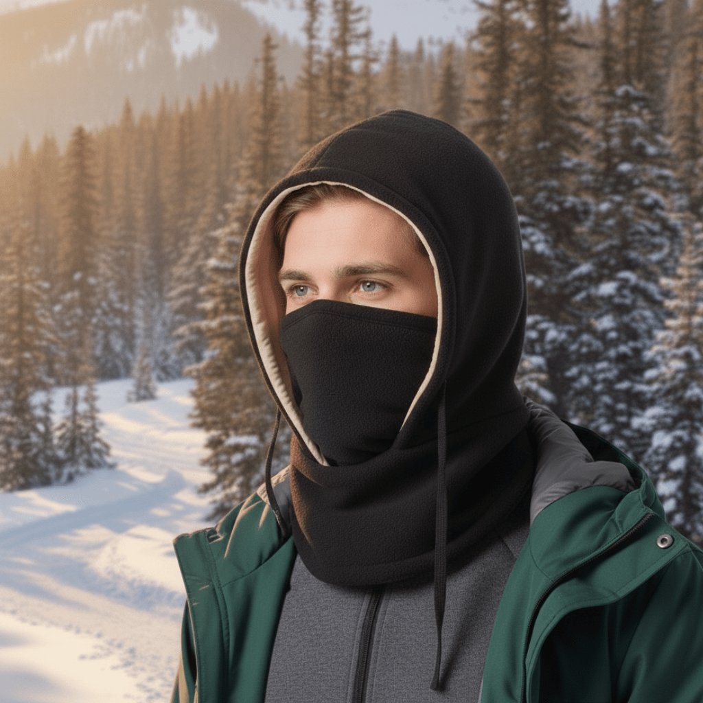 Unisex Blizzcap hooded neck gaiter for winter sports. Thermal, windproof cold weather face mask.