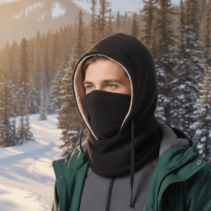 Unisex Blizzcap hooded neck gaiter for winter sports. Thermal, windproof cold weather face mask.