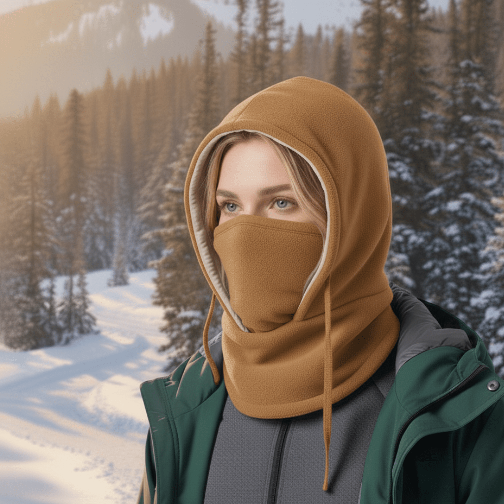 Full coverage Blizzcap hooded neck gaiter. Unisex windproof headwear for winter outdoor activities.