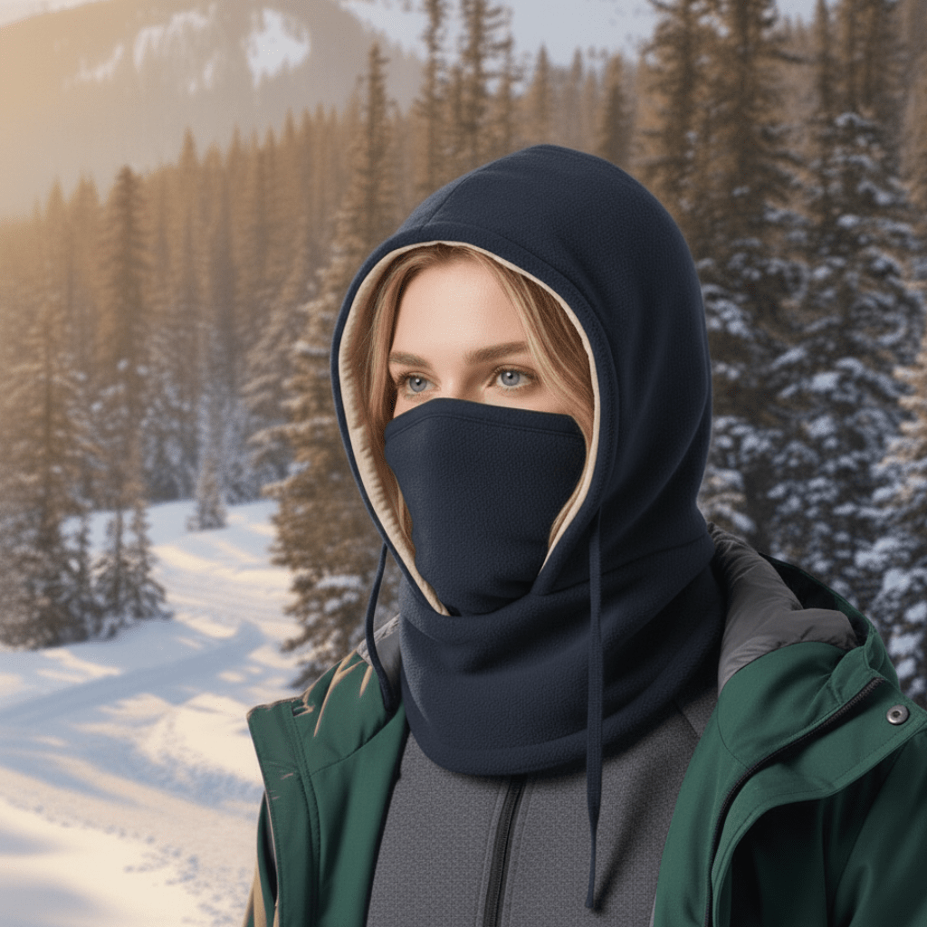 Unisex Blizzcap hooded neck gaiter for winter trekking. Windproof thermal headwear & face mask.