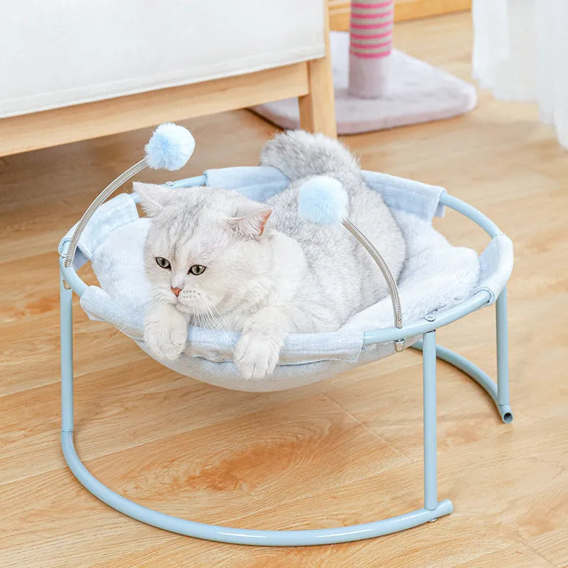 Unisex blue cat hammock with play balls, round design & sturdy frame for pet comfort