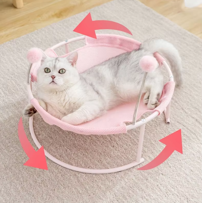 Cat bed in blue, round design with an integrated pet toy and durable support frame