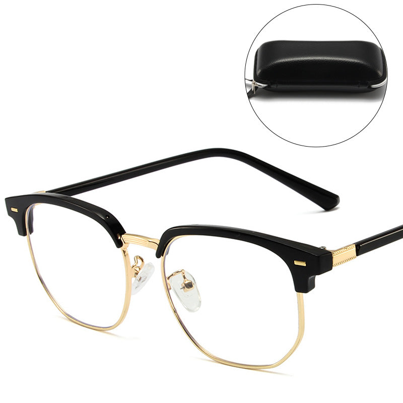 Unisex blue light blocking half-rim reading glasses, stylish for digital eye strain.