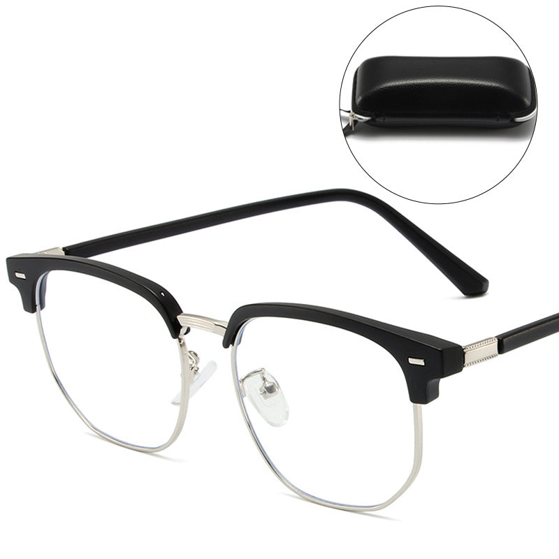 Unisex blue light blocking glasses, elegant half-rim style, perfect for office or home.