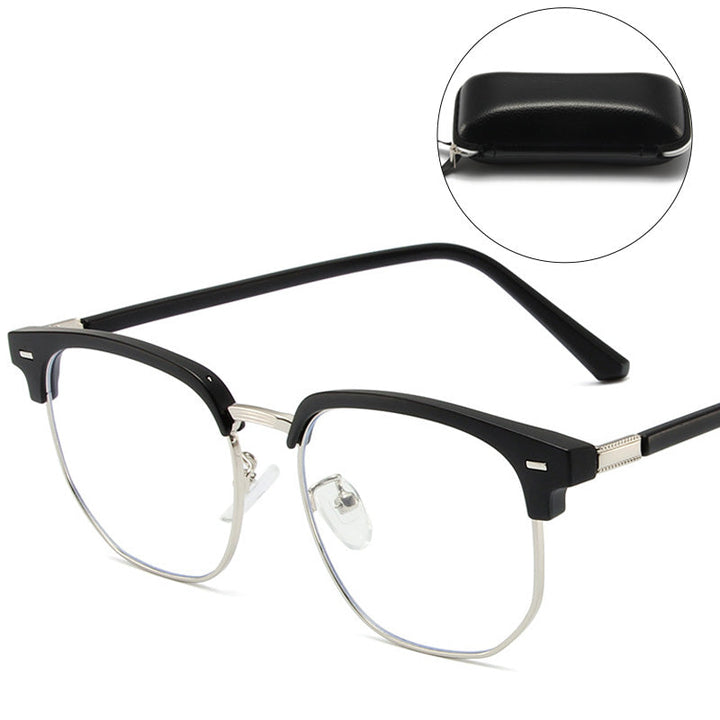 Unisex blue light blocking glasses, elegant half-rim style, perfect for office or home.