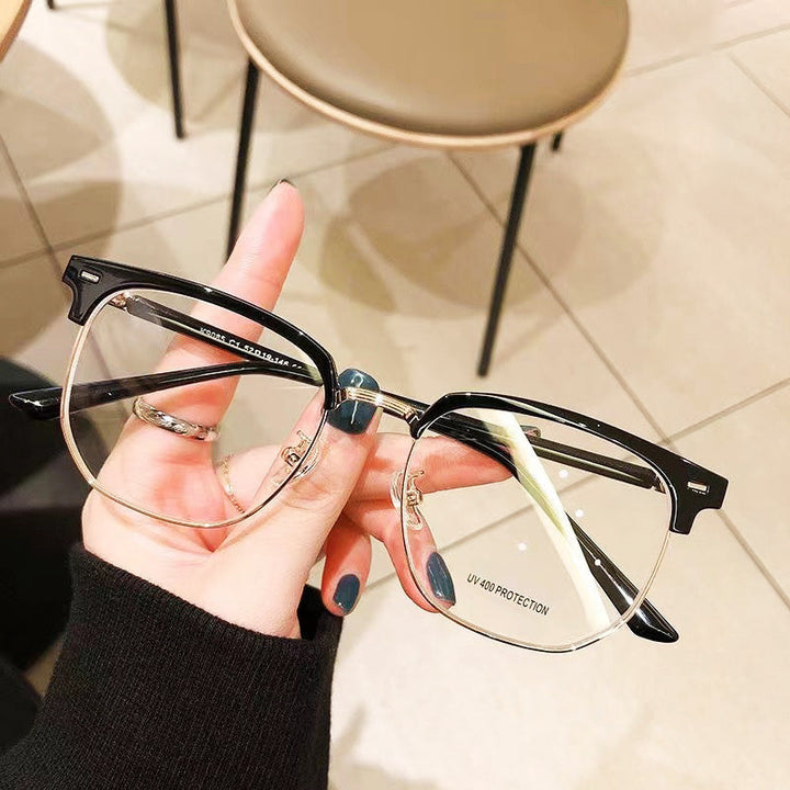 Modern half-rim computer glasses, anti-glare, ideal for work from home.
