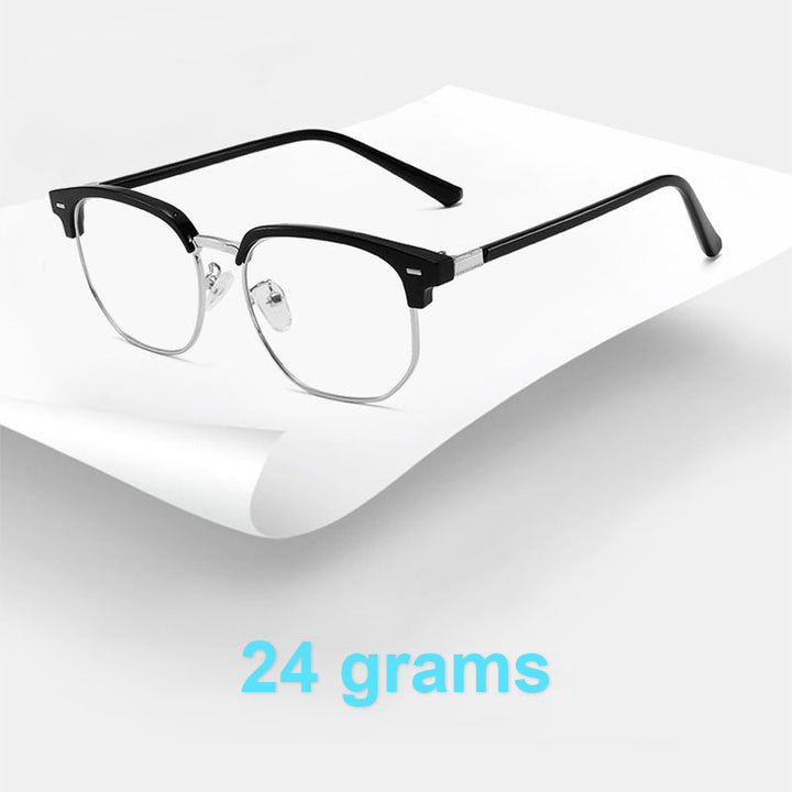 Anti-glare half-rim reading glasses, blue light filter for comfortable screen viewing.
