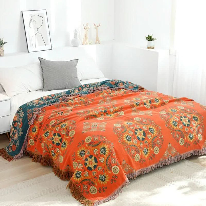 Unisex boho cotton throw blanket, soft & cozy, perfect for bohemian home decor in living room or bedroom.
