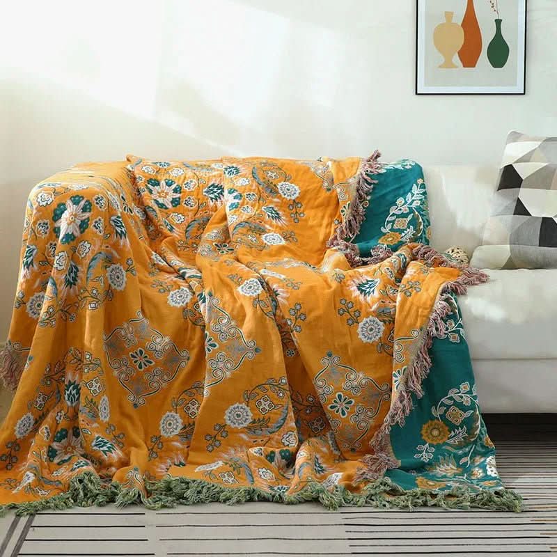 Bohemian style cotton throw blanket, a soft accent for cozy living room or bedroom decor, ideal for all seasons.