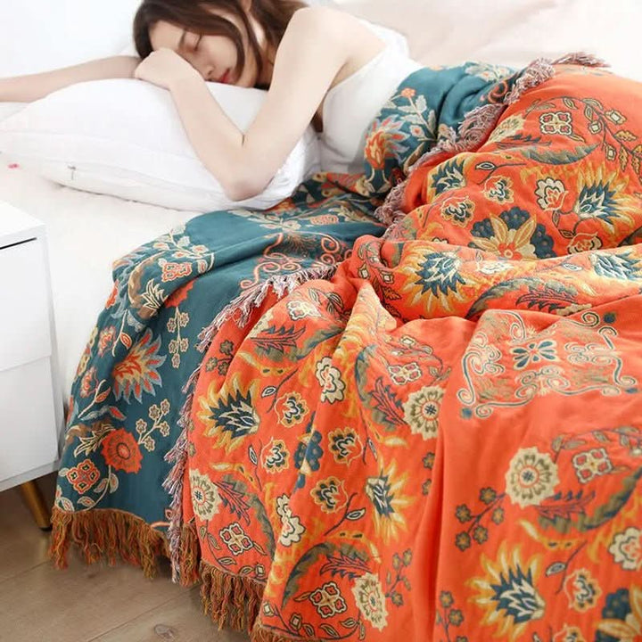 Handwoven cotton throw blanket, a versatile and soft boho accent for home comfort in any bedroom or living space.