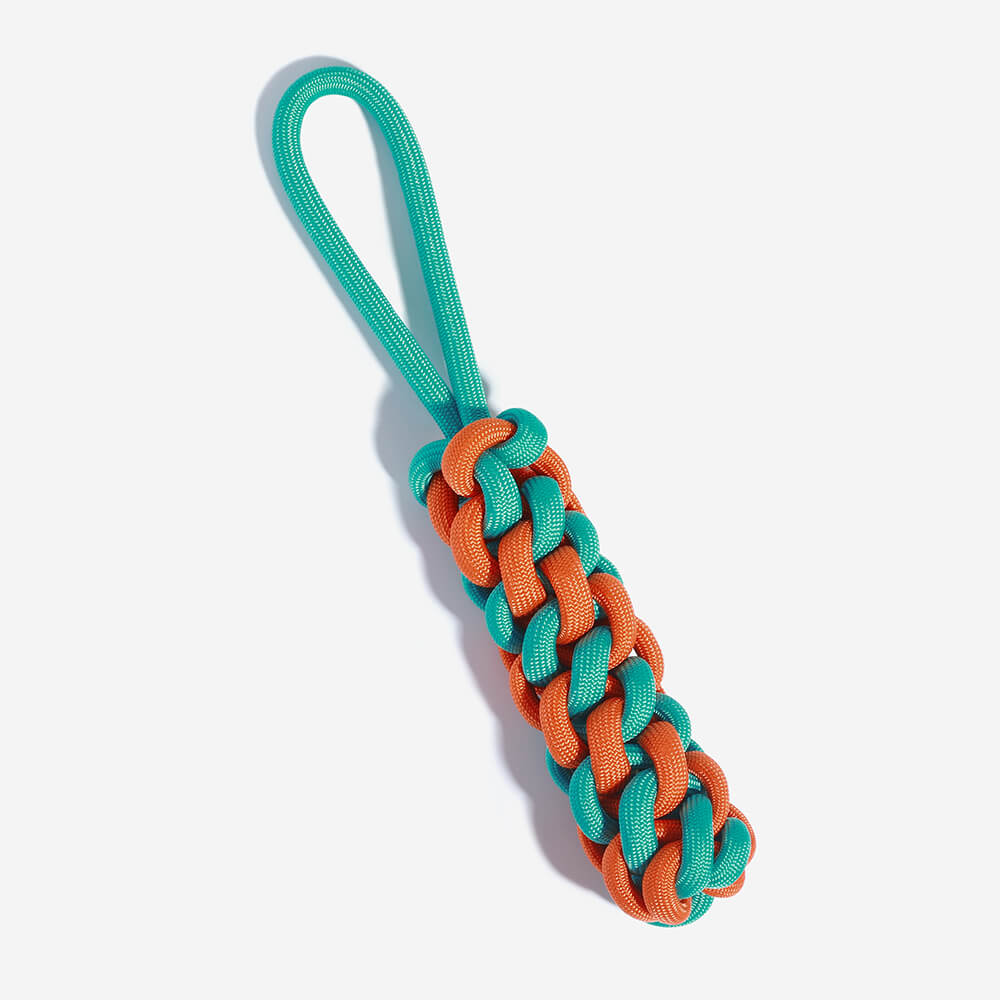 Colorful braided rope stick tug toy, perfect dog enrichment and dental hygiene for all breeds.