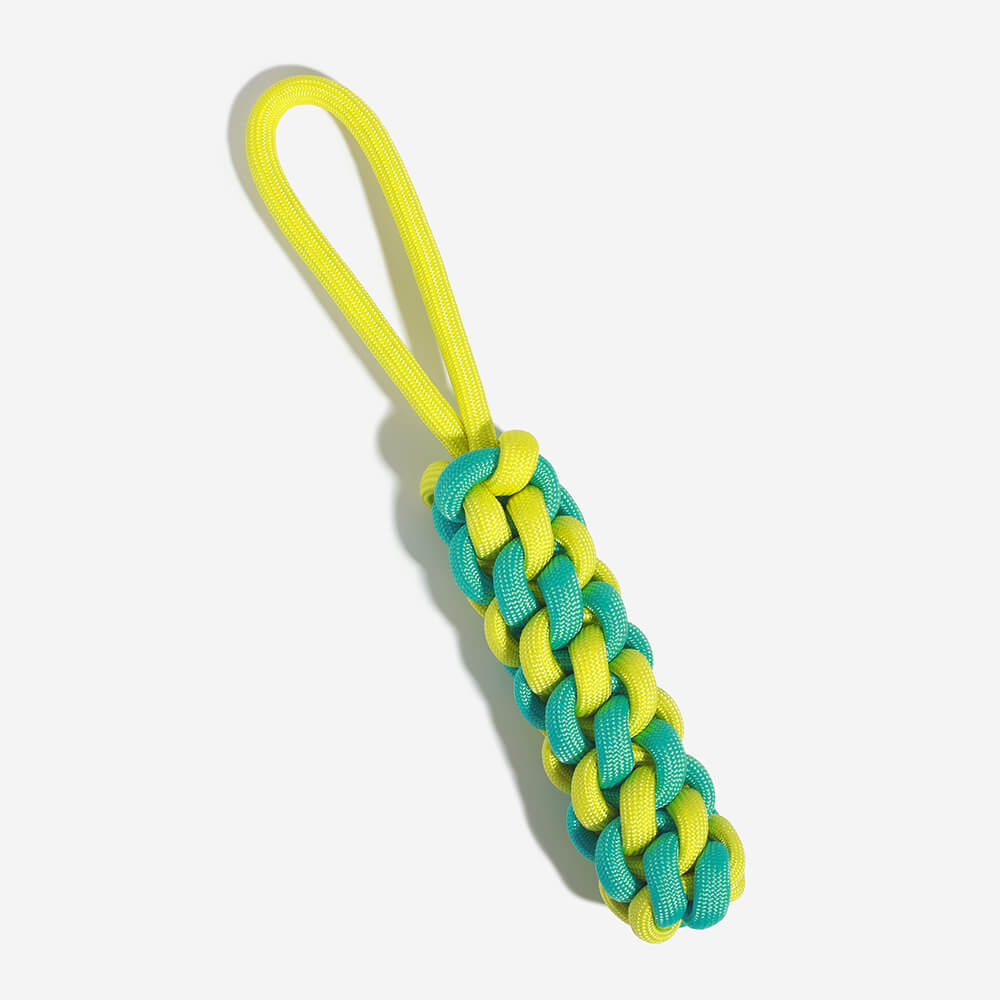 Braided rope stick dog toy, multi-colored for enrichment, durable chew for healthy teeth and gums.