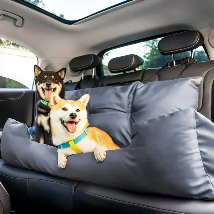 Beige cotton dog car seat carrier, showcasing its non-slip bottom and sturdy build