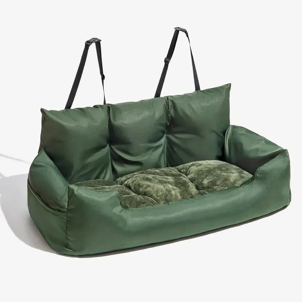 Adjustable cotton dog travel carrier with non-slip base, designed for backseat pet safety