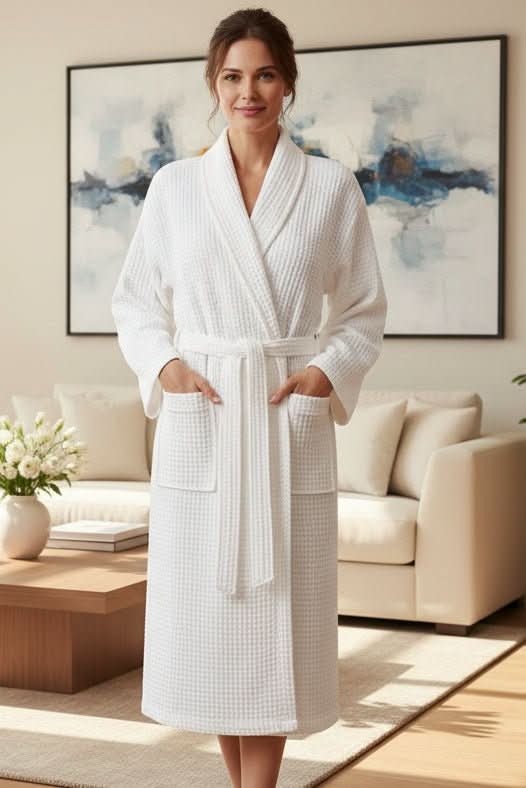 Unisex breathable cotton waffle bathrobe for ultimate home comfort and relaxation.