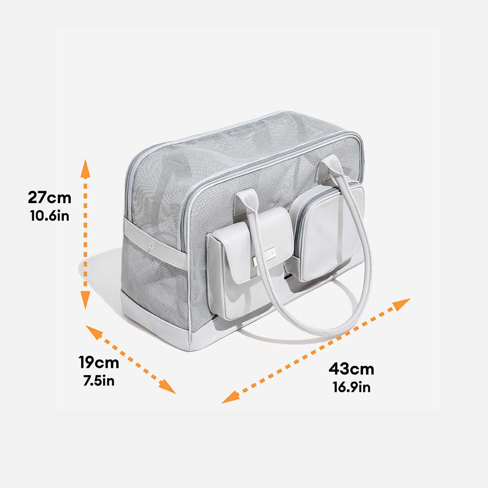 Close-up of durable mesh fabric on a breathable pet carrier, grey, for small animals