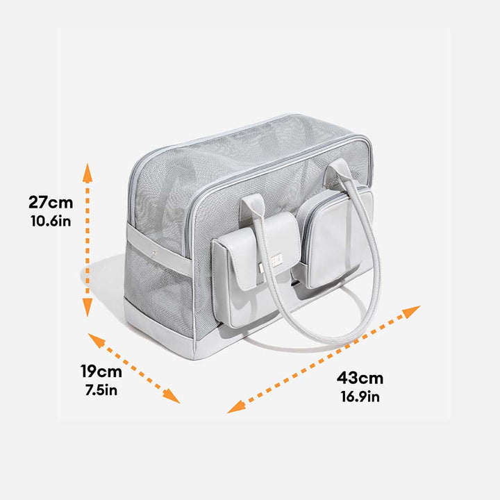 Close-up of durable mesh fabric on a breathable pet carrier, grey, for small animals