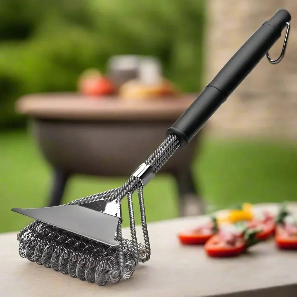 Unisex bristle-free stainless steel grill brush, essential BBQ cleaning tool for outdoor cooking.