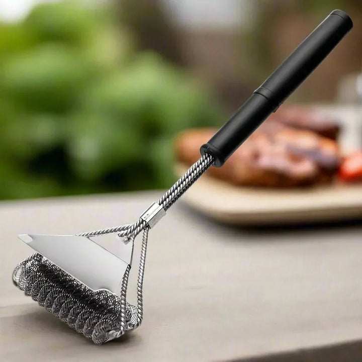 Safe bristle-free stainless steel grill brush for outdoor cooking. A must-have grill accessory.