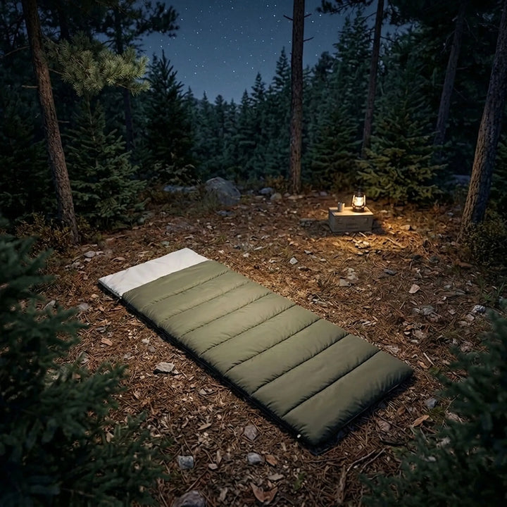 Unisex camping sleeping bag for outdoor adventures. Roomy design for comfortable hiking and camping gear.