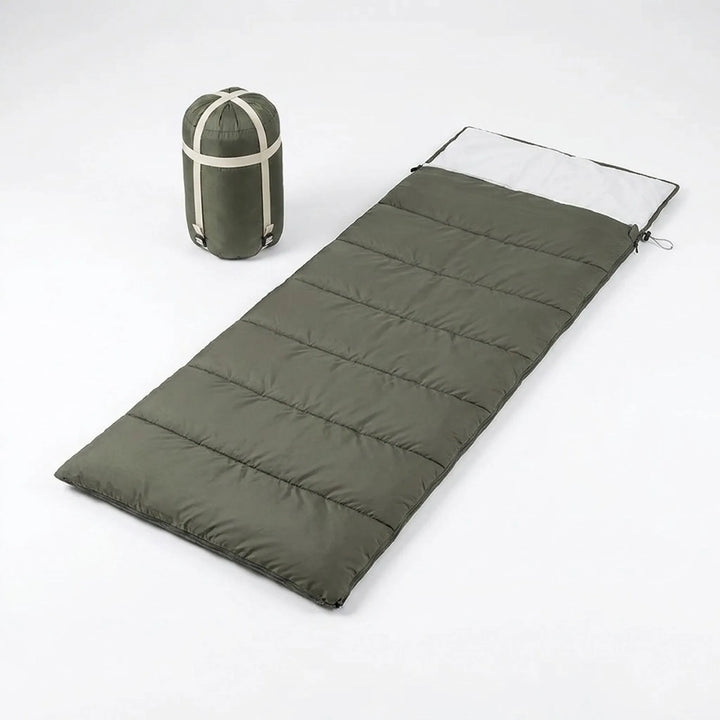 Durable camping sleeping bag, ideal for outdoor recreation and hiking adventures. Warm and roomy gear.