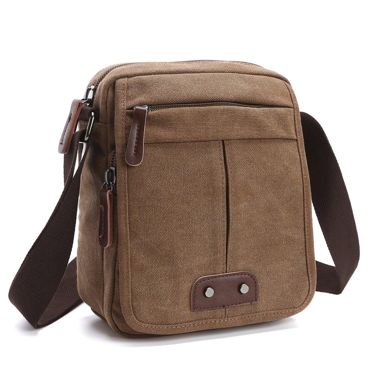 Versatile unisex canvas crossbody travel bag with multiple pockets. Available in green, brown, gray, khaki.