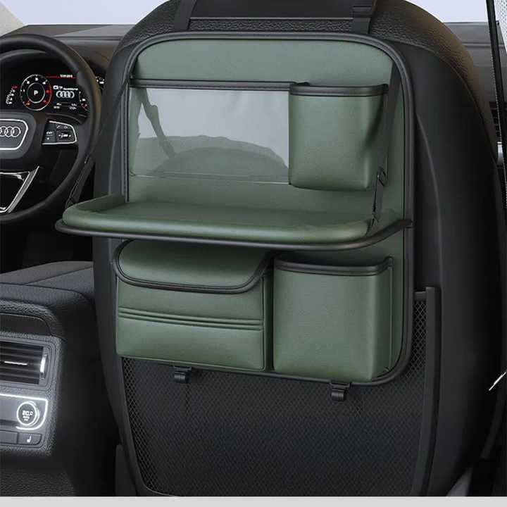 Travel essential car back-seat organizer. Auto storage with pockets & foldable tray for snacks.