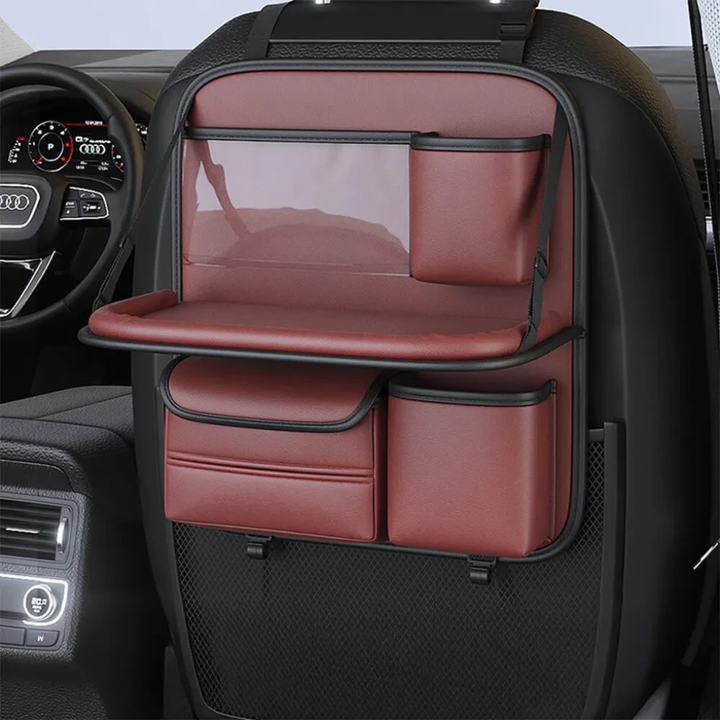 Grey car back-seat organizer. Vehicle accessory with cup holders & a foldable tray table.