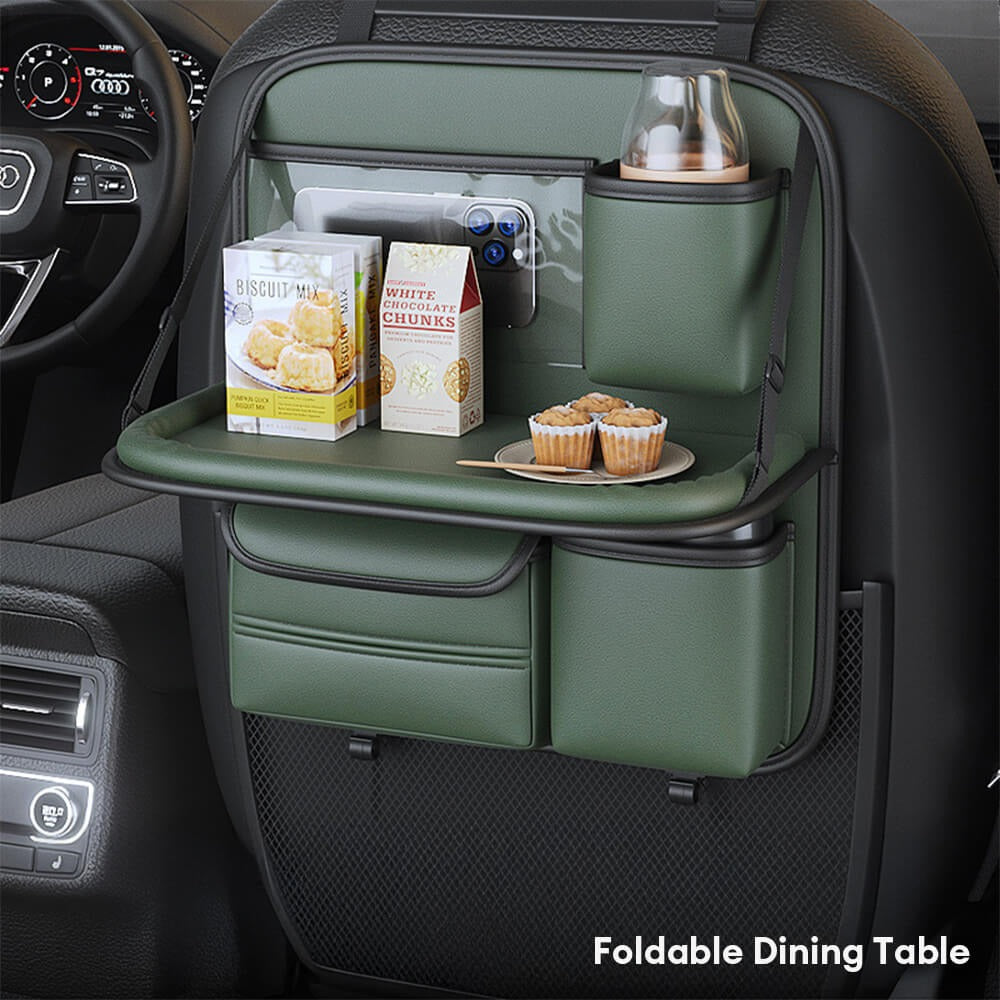 Unisex back-seat car organizer. Multi-pocket auto storage solution with a practical foldable tray table.