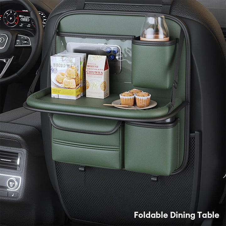 Unisex back-seat car organizer. Multi-pocket auto storage solution with a practical foldable tray table.