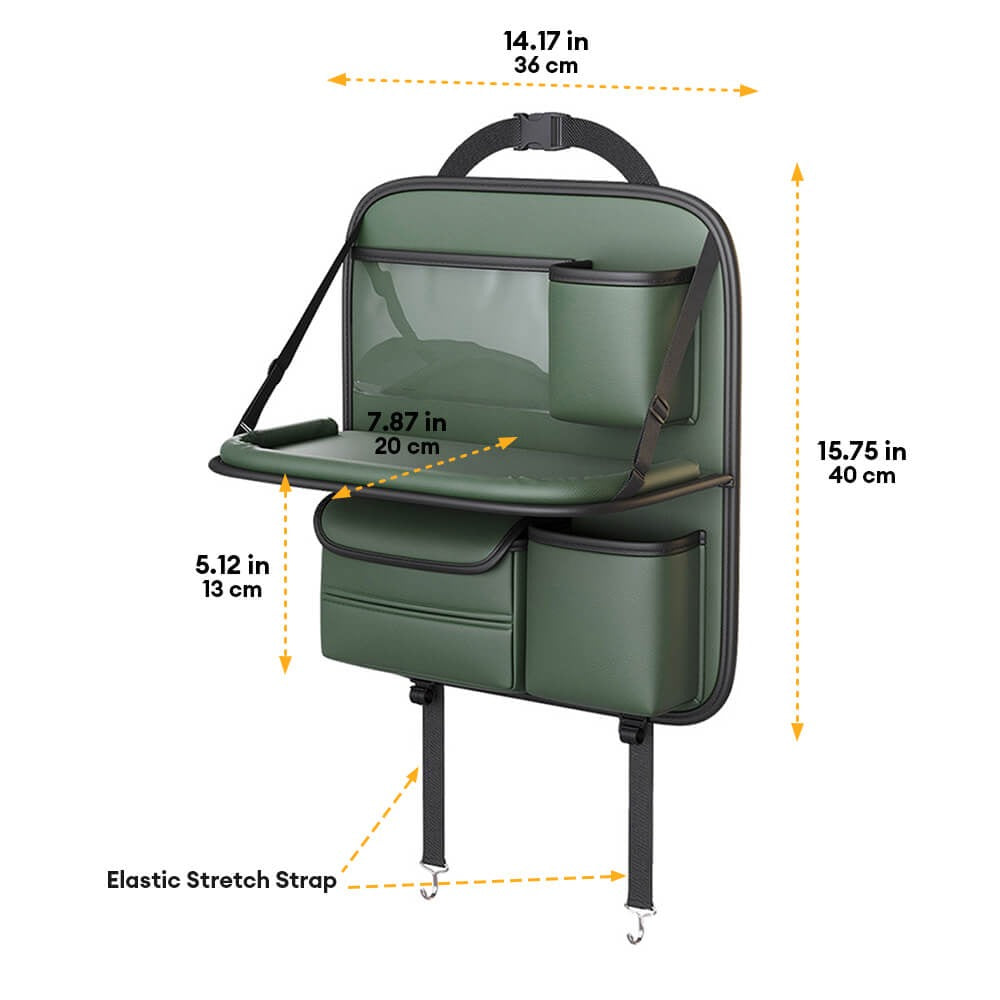Car back-seat organizer in black, brown, green, red, grey. Auto storage with a foldable tray.