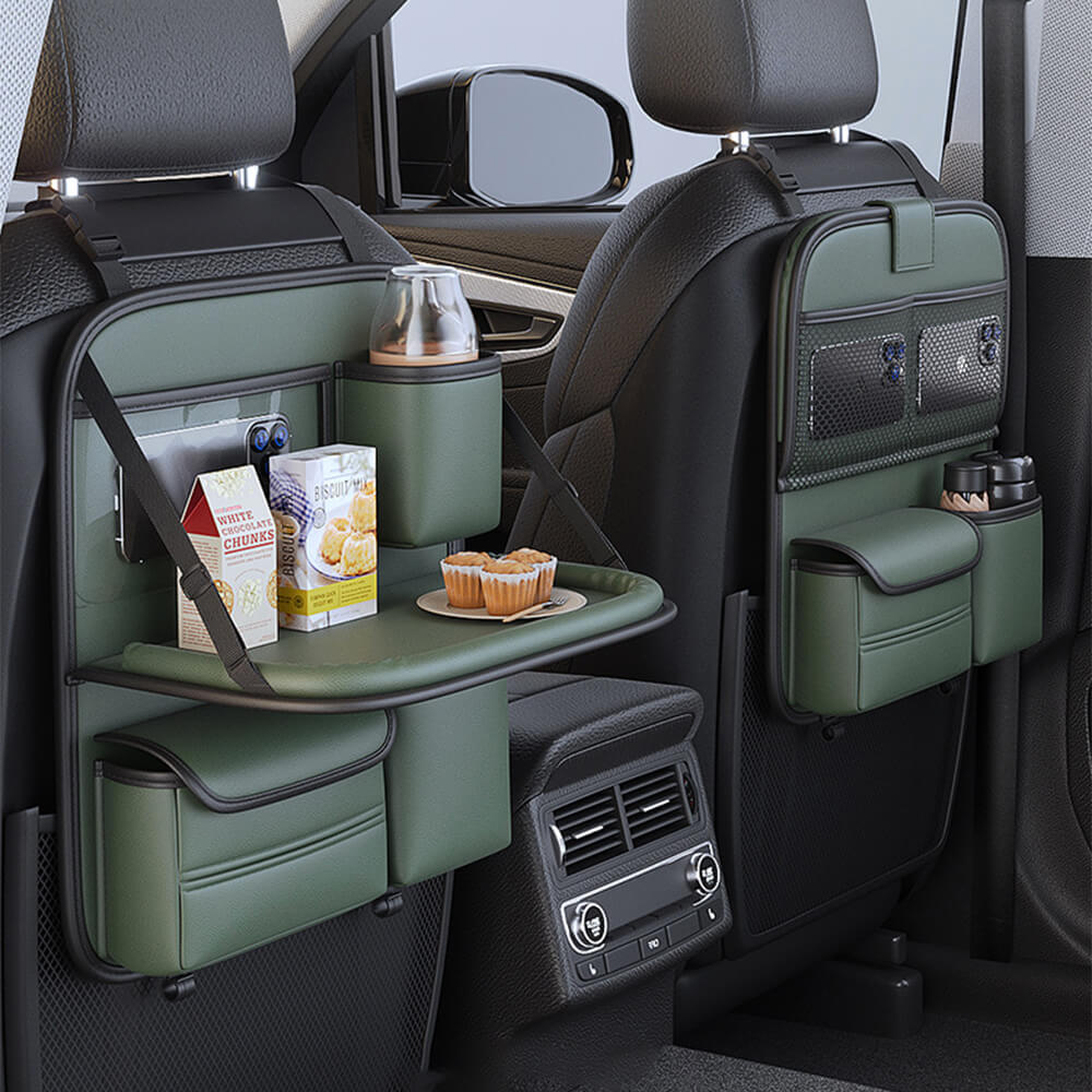 Unisex car backseat foldable organizer with integrated tray & tablet holder, black durable fabric