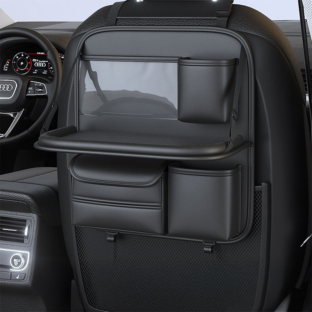 Close-up of the tablet holder on the car backseat organizer, accommodating different device sizes