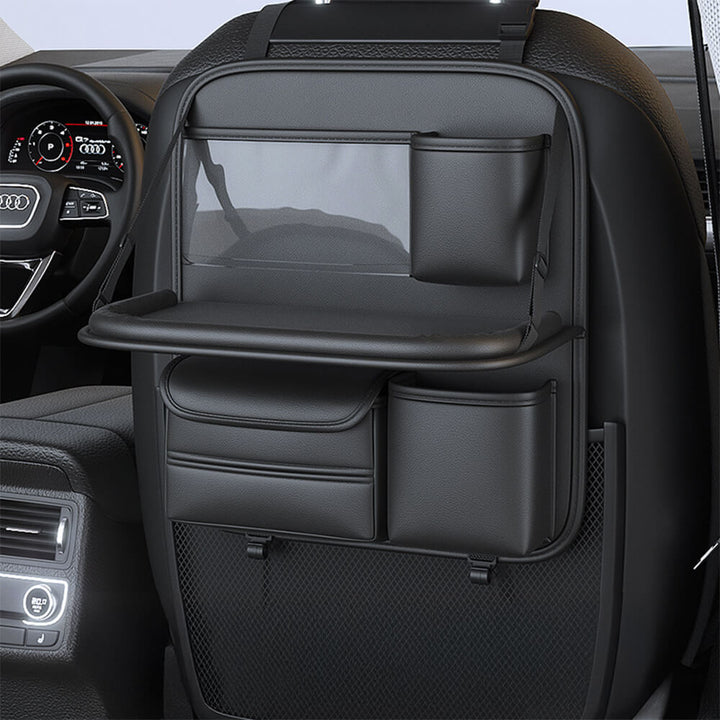 Close-up of the tablet holder on the car backseat organizer, accommodating different device sizes