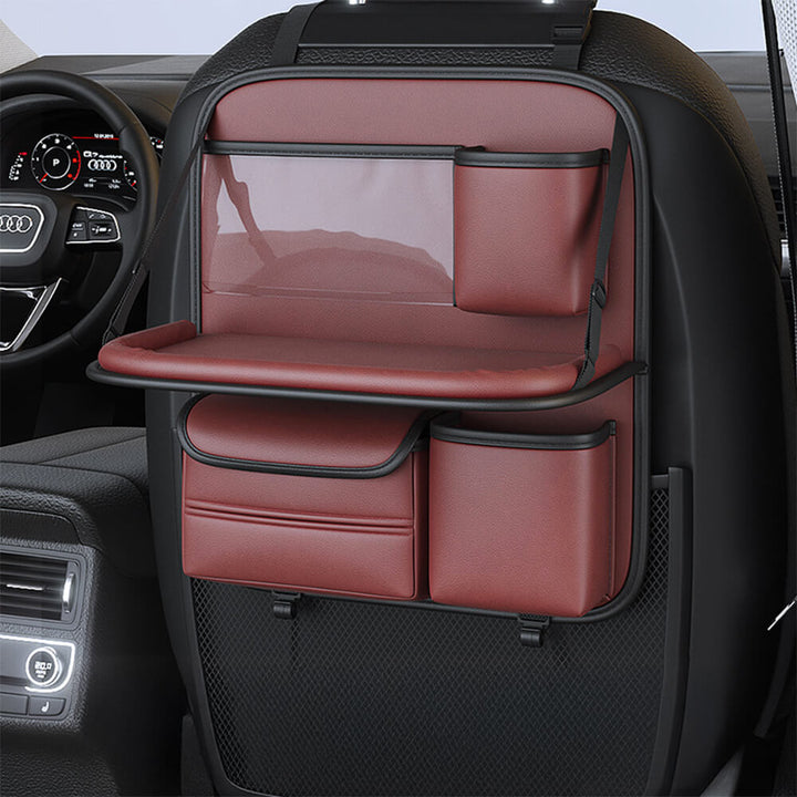 Foldable backseat organizer from the side, illustrating its compact design when not in use