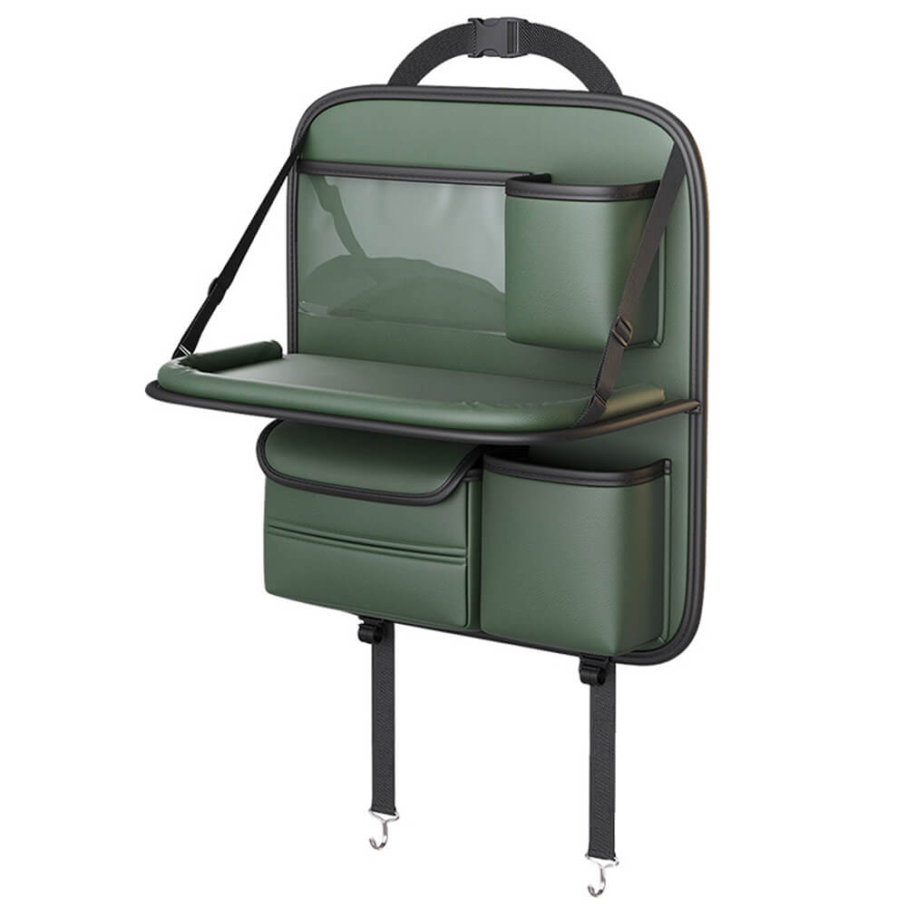 Backseat view of the loaded foldable organizer, showcasing its capacity for travel essentials