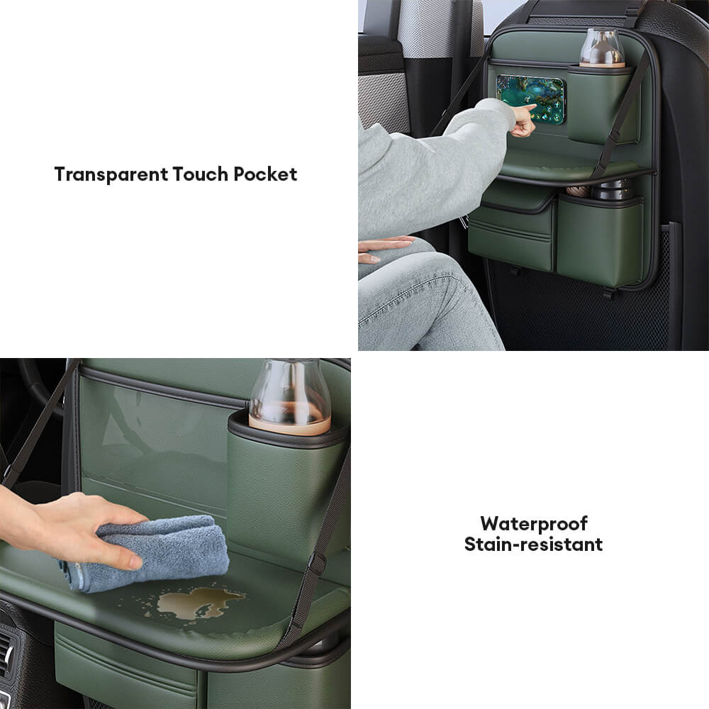 Foldable car backseat organizer showing tablet holder and cup holders, ideal for rear passengers