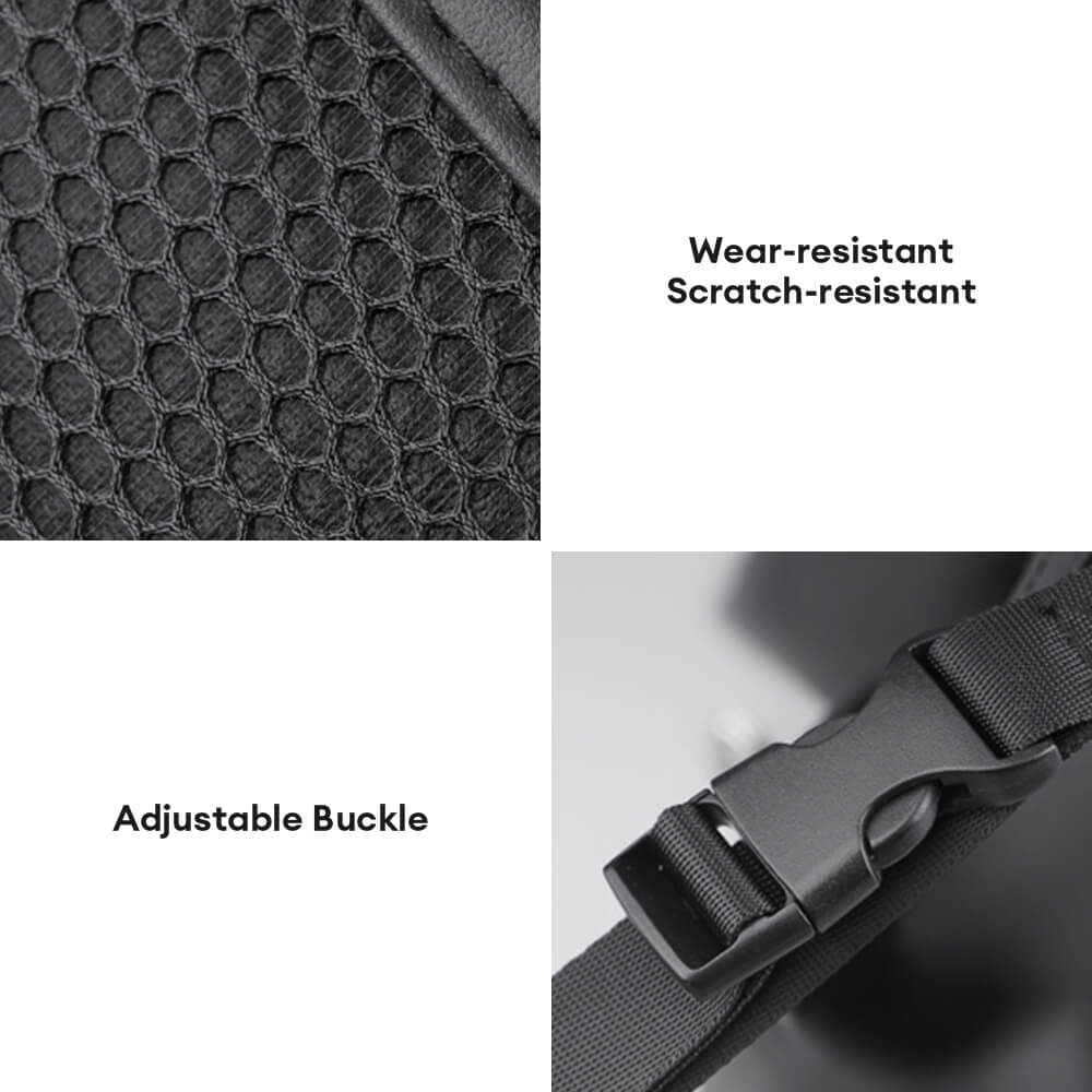 Auto accessory: black backseat organizer with a collapsed tray, showcasing organizational pockets