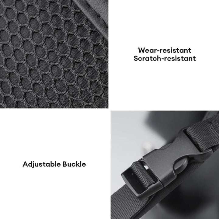 Auto accessory: black backseat organizer with a collapsed tray, showcasing organizational pockets