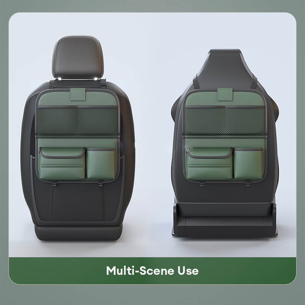 Detailed view of the car tray table on the backseat organizer, strong enough for a meal or laptop