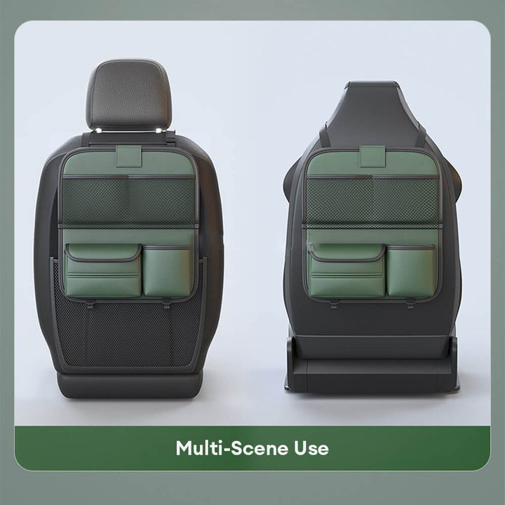 Detailed view of the car tray table on the backseat organizer, strong enough for a meal or laptop