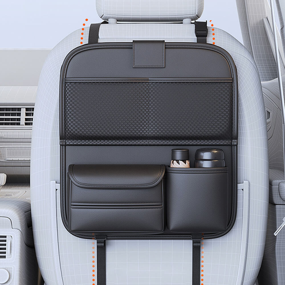 Vehicle storage solution: black foldable backseat organizer with various compartments for essentials